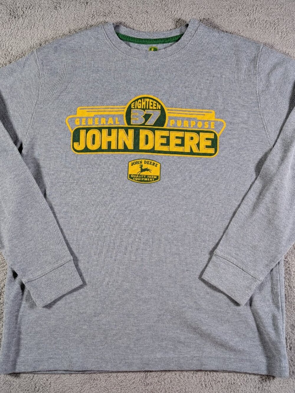 John Deere L Grey Waffle Knit Thermal Long Sleeve Shirt Farmwear Flaw
